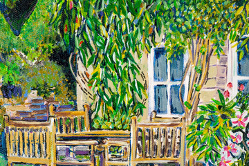 Vibrant multi-colored original acrylic painting close up detail showing brushwork and canvas textures. Patio garden table.