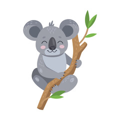 Cute koala on eucalyptus tree cartoon illustration. Adorable Australian bear isolated on white