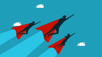 Business concept. Team of superhero businessmen flying above the clouds vector