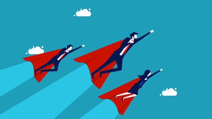 Business concept. Team of superhero businessmen flying above the clouds vector