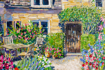 Fototapeta na wymiar Vibrant multi-colored original acrylic painting close up detail showing brushwork and canvas textures. Patio garden table. Cottage door.