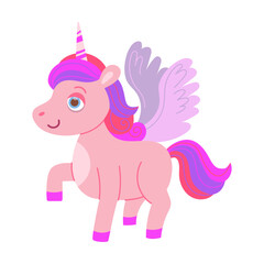 Obraz na płótnie Canvas Cartoon cute unicorn with wings. Vector illustration of magic adorable pink animal with wings and horn isolated on white