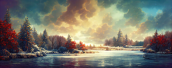 Winter wonderland background wallpaper with trees, lake and lights as vintage style illustration