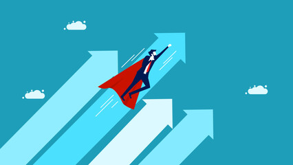 Business grows. High performance or leadership. Businessman superhero flying in the sky with growth arrows vector