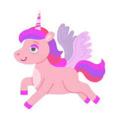 Cartoon cute unicorn flying and smiling. Vector illustration of magic adorable pink animal with wings and horn isolated on white