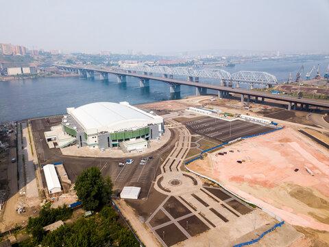 Russia, Krasnoyarsk - July 23, 2018: PLATINUM ARENA ICE ARENA. The Venue For The FIGURE SKATING Competition, From Dron Aerial Photography