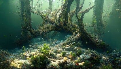 underwater view of the forest river. Plants, tree logs fragments. Nature, environmental conservation, ecology, ecosystems, aquatic wildlife, drinking water, water treatment, pollution themes.