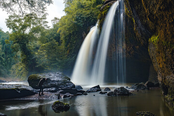 A waterfall called Haew Narok in a beautiful forest in the midst of nature at Khao Yai National Park, Thailand