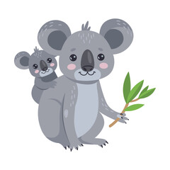 Cute koala with small child cartoon illustration. Adorable Australian bear isolated on white