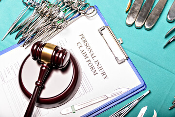 Health and Law. Medical malpractice, personal injury lawyer. Judge gavel and Operating Desk, top...