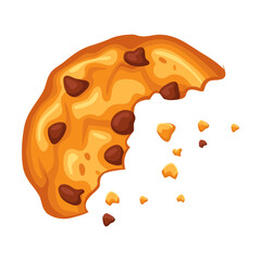 Bitten cookie with crumbs on table cartoon illustration. Bite of sweet biscuit isolated on white background