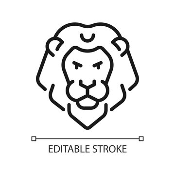Lion head pixel perfect linear icon. Zodiac sign of western astrology. Majestic animal. Thin line illustration. Contour symbol. Vector outline drawing. Editable stroke. Arial font used