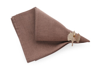 Napkin with decorative ring for table setting isolated on white, top view