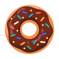 Chocolate round donuts with sprinkles, sweet food. Vector illustration of choco delicious product in cafe menu isolated on white