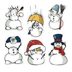 Set of doodle snowmen.Funny picture snowman for postcards, banner, cover and template. Vector.