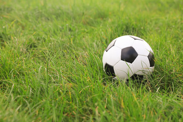 Fototapeta premium Dirty soccer ball on green grass outdoors, space for text
