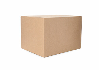 One closed cardboard box on white background