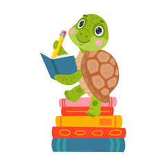 Cute animal, young turtle reading book cartoon illustration. Smart character holding textbook isolated on white background