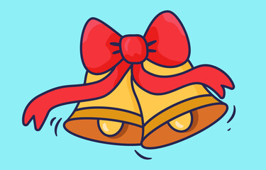 Golden bells with red bow. Cartoon style vector illustration
