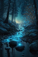 Glowing river in the forest. Fantasy scenery. concept art.