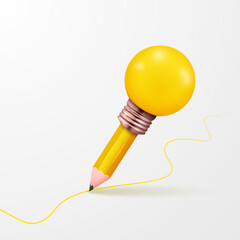 Light bulb icon with pencil in cartoon style. Concept of writing an idea or business solution.
