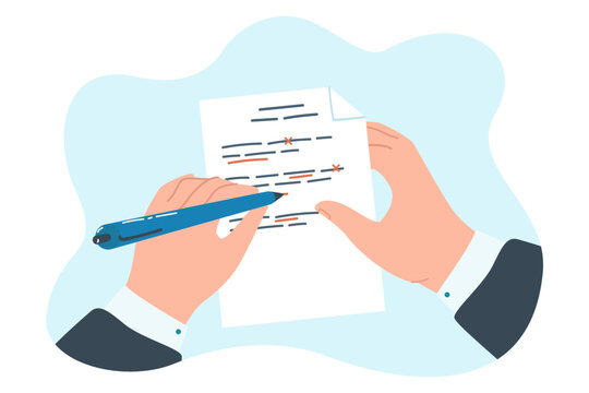 Editor correcting mistakes in text flat vector illustration. Proofreaders hands correcting grammar errors. Content, education, improvement concept for banner, website design or landing web page
