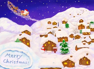 パステル風で、雪で真っ白になった小さな街にサンタクロースがクリスマスプレゼントを配って帰っている