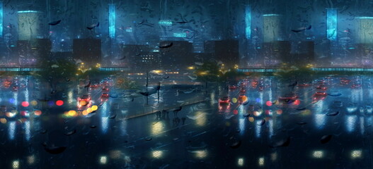  rain on window glass   Night city blurred light car traffic people with umbrellas on street   urban scene banner template 
