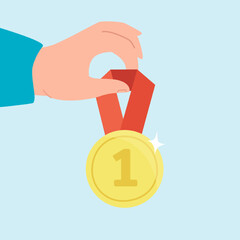 Gold medal for first place flat vector illustration. Person winning competition and getting prize. Success, achievement, victory concept for banner, website design or landing web page