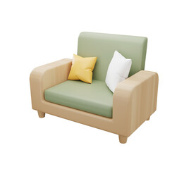 3D green armchair with pillow on transparent background. sofa. chair. Furniture for the home. 3D rendering