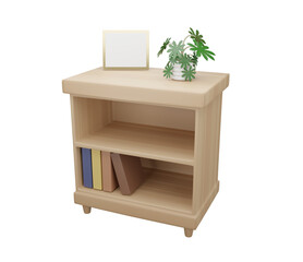 wooden cabinet with plant pot on transparent background. 3D rendering