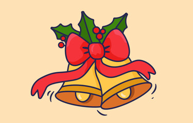 Christams golden bells with red bow and omela decoration
