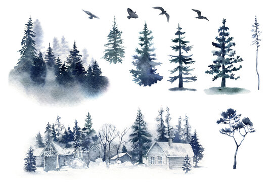 Winter landscape clipart. Spruce tree foggy forest. Village scene in dusty blue monochrome colors. Christmas card. Watercolor illustration isolated on a transparent background.