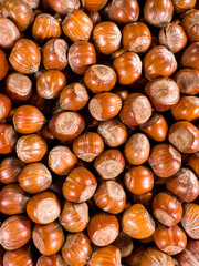 Hazelnuts, texture of whole natural nuts in shell, macro shot