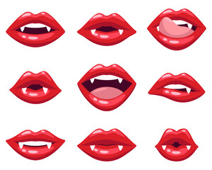 Obraz premium Female vampire mouths vector illustrations set. Collection of cartoon drawings of sexy red lips with fangs isolated on white background. Fantasy, monster, glamor, Halloween concept