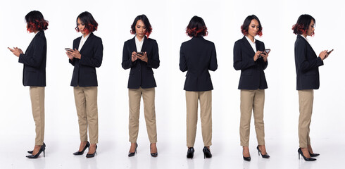 Full length 20s Asian Woman wear formal Business dress blazer high heel shoes. Black short curl...