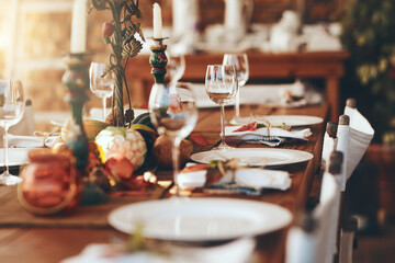 Table setting, fine dining and celebration of Christmas dinner on a patio of a house. Food, party and dining table ready for a feast, Thanksgiving tradition and dinner party with place setting