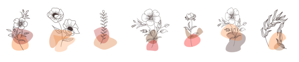 minimal botanical graphic sketch drawing, trendy tiny tattoo design, floral elements vector illustration