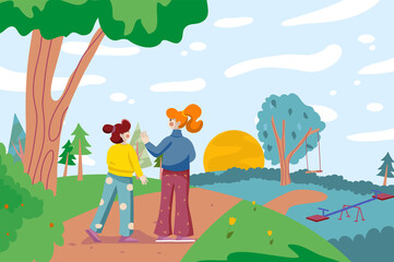 Fototapeta na wymiar Girls friends spend time together in landscape background. Little girls talking and walking in city park by playground. Natural scenery with green trees. Illustration in flat cartoon design