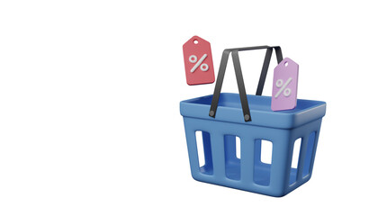 3D rendering illustration Cartoon minimal shopping basket with discount coupon retail store on e-commerce. online shopping bag using tags promotion or cash for future use. copy space.