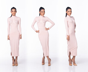 Full length 20s Asian Woman wear formal Pink skirt body shape high heel shoes. Tanned skin Black long straight hair female feel happy smile fashion vintage poses over white background isolated