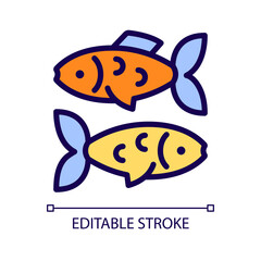 Fishes pixel perfect RGB color icon. Pisces zodiac animal. Sign of western astrology. Aquatic creatures. Isolated vector illustration. Simple filled line drawing. Editable stroke. Arial font used