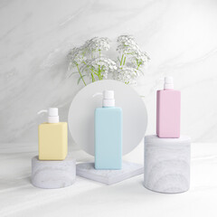 3D rendering pastel headpump lotion bottle on marble backgroound