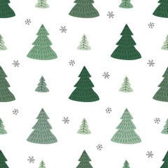 Winter seamless pattern with simple minimalist trees on white background.