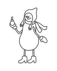 A snowman girl in a hat with tassels and a scarf, holds a New Year s toy in her hand. Winter female character. Vector illustration in a doodle style.
