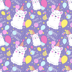 Fototapeta premium Happy birthday seamless pattern with cute llama alpaca. vector illustration