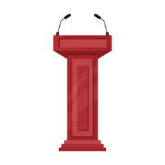 tall mahogany debate rostrum and platform with double microphone, cartoon vector illustration. Wooden tribune and glass podium with microphone