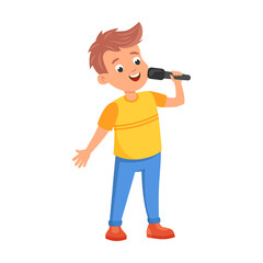 young singer sings song into microphone. Hobbie and activitie of kids. Vector illustrations of active boys. Cartoon children drawing