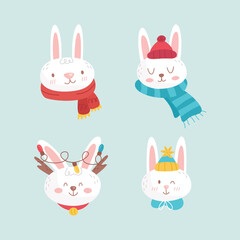 Cartoon gift card with christmas bunny collection winter for concept design. Holiday card design. Vector drawing.