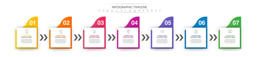 Vector concept infographics with seven squares and symbols. Modern business graphic template with 7 steps and arrows. Process timeline for the business project on white background